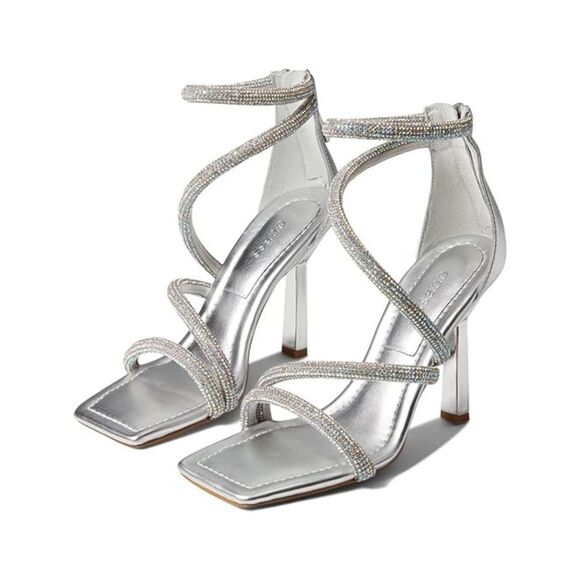 GUESS Womens Silver Padded Embellished Lalali Square Toe Heeled Sandal 5.5 M